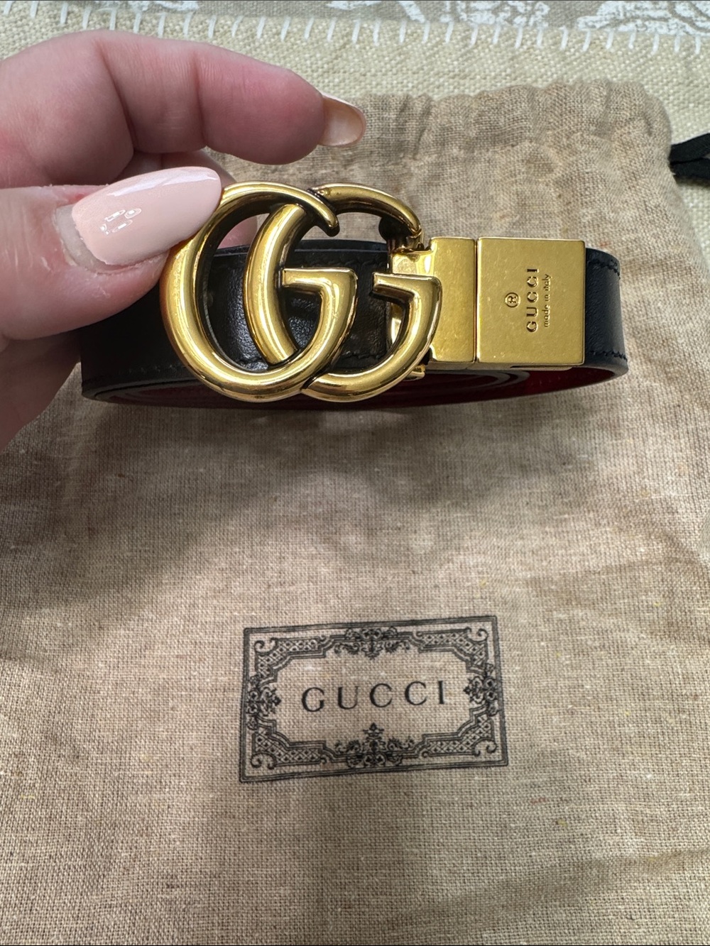 Gucci GG Marmont Reversible Black/Red Belt with Gold Buckle size XL 120/48
